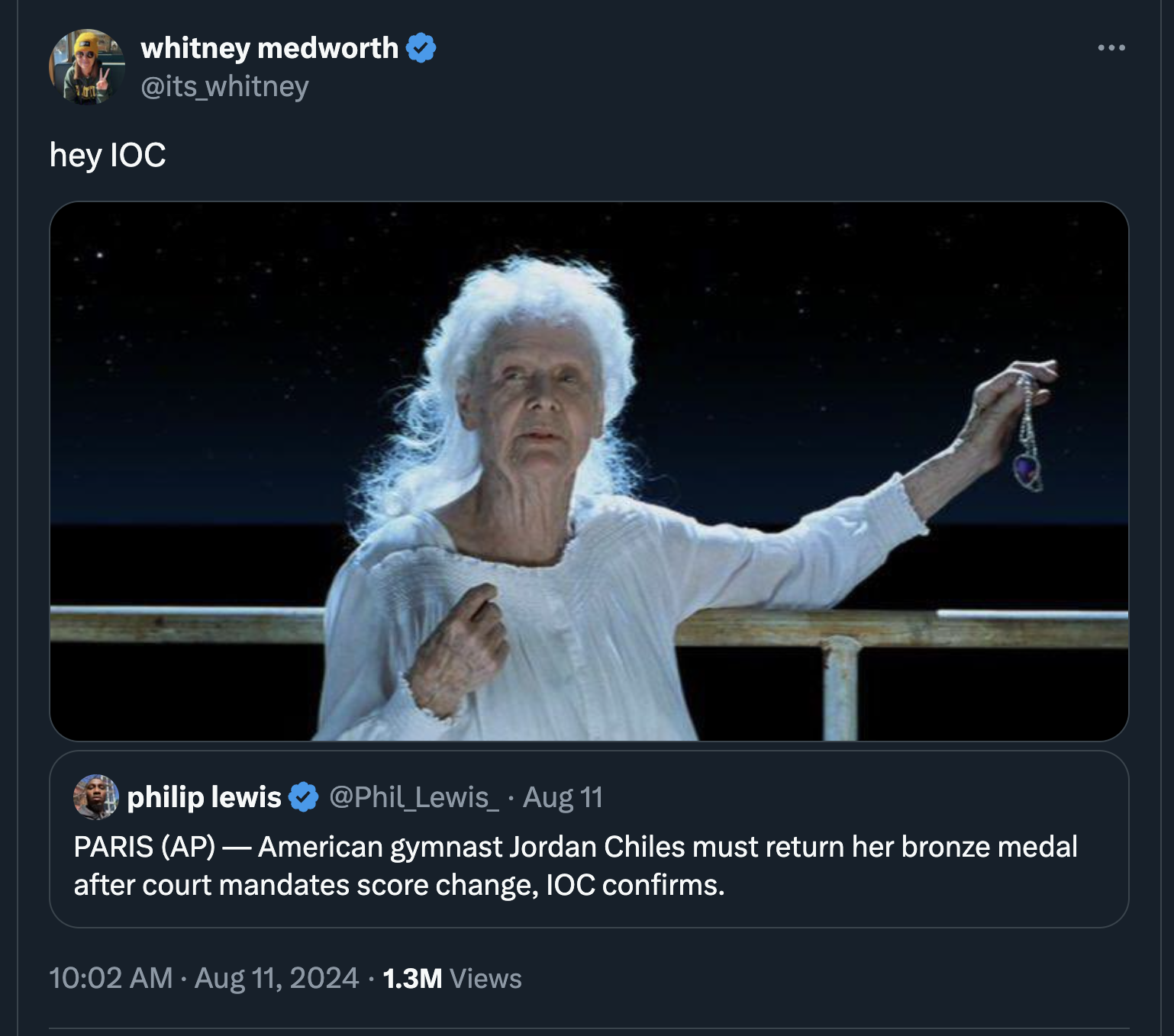 titanic lady - whitney medworth hey Ioc philip lewis . Aug 11 Paris Ap American gymnast Jordan Chiles must return her bronze medal after court mandates score change, Ioc confirms. 1.3M Views